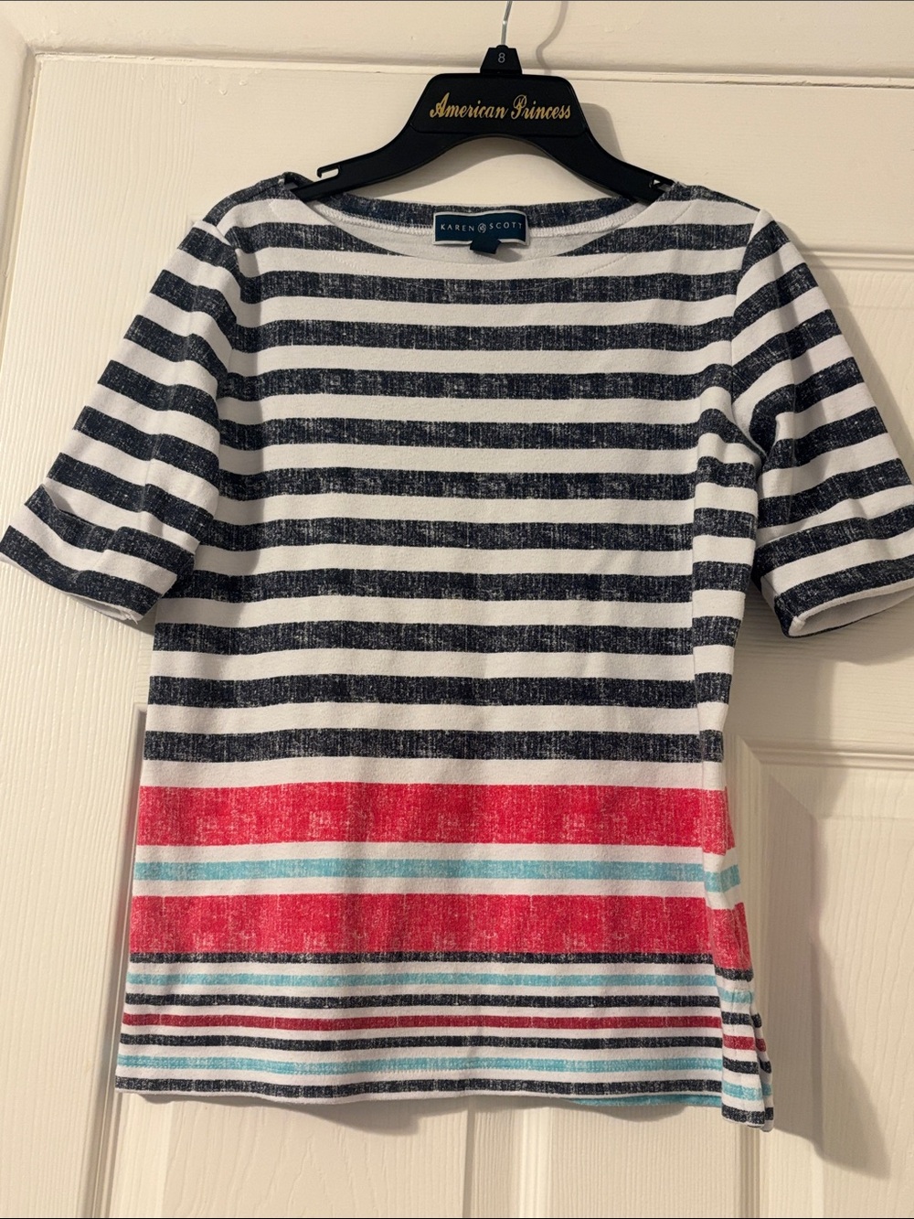 Karen Scott Navy, White, Red & Aqua Striped women’s  blouse